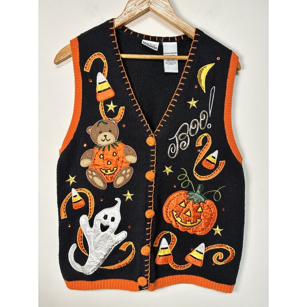 Vintage Basic Editions Halloween Vest Embroidered Beaded Women’s Size Medium 90s